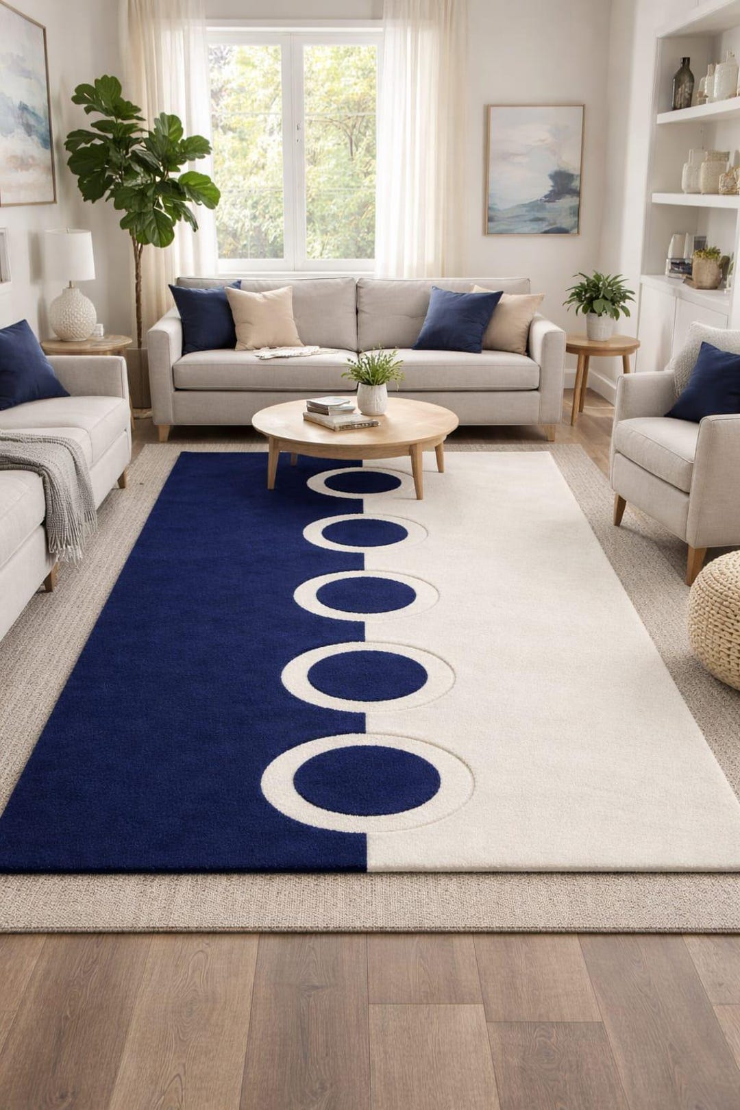 Handmade Tufted Wool Rug | Navy Blue Ivory Geometric Circles Carpet - Etsy