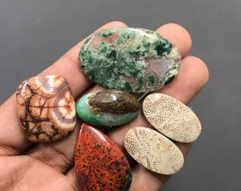 May include: A collection of polished gemstones in various shapes and colors. The stones include a large green and white oval, a red and black teardrop, and several other stones with brown, white, and green patterns. The gemstones are held in a hand.