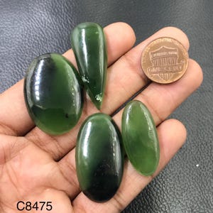 Può includere: Quattro cabochon di giada verde scuro lucidati in forme ovali e a goccia. Le pietre sono mostrate accanto a una moneta da un centesimo in rame per la scala. Il testo C8475 è stampato nell'angolo in basso a sinistra dell'immagine.