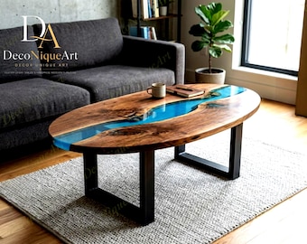 Mesa de centro ovalada de nogal con resina epoxi / Decoración para el hogar hecha a mano con resina transparente azul verdosa