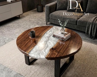 Ronde salontafel met Live Edge walnoot, witte epoxy-rivier, modern metalen onderstel
