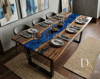 Blue Resin Live Edge Table, Custom Wood River Dining Table for Contemporary Interiors