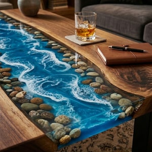 May include: A handcrafted wooden coffee table with a unique river design. The center features a vibrant blue epoxy resin simulating water, complete with white wave details and embedded stones. The table's wooden edges are a warm brown.