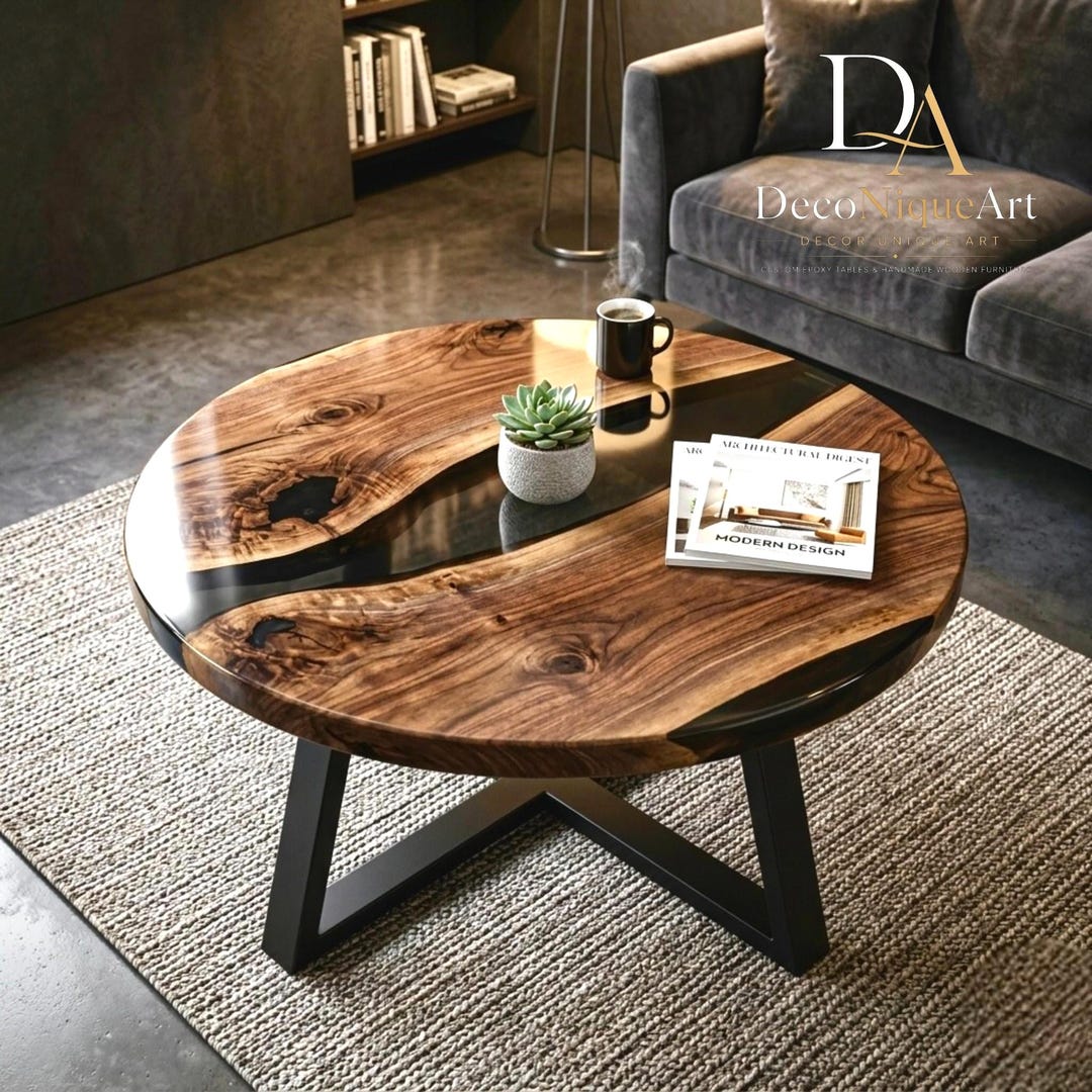 Round Walnut Live Edge Epoxy Coffee Table, Black Resin River, Modern ...