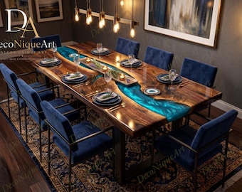 Mesa de comedor de nogal macizo con borde natural – Resina epoxi azul metalizada River Furniture