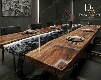 Black Ocean River Dining Table – Solid Wood Live Edge Table for Modern Homes