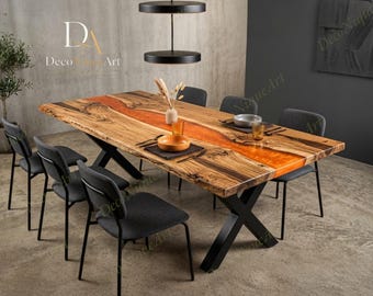 Orange Epoxy River Dining Table – Live Edge Solid Wood Table | Luxury Handmade Furniture