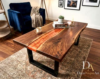 Handmade Walnut Coffee Table, Orange Epoxy River, Live Edge Wood Furniture