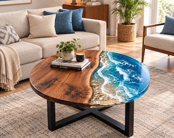Luxe salontafel met oceaanmotief, rond, van walnoothout, met epoxyharsafwerking, handgemaakt meubel