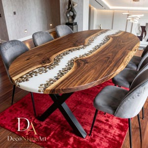 Oval Wood Live Edge Dining Table, White Epoxy River Kitchen Furniture