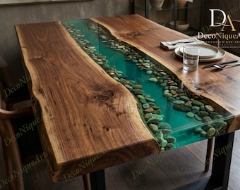 River Rock Green Translucent Resin Dining Table: Live Edge Walnut Pebble Inlay Solid Wood