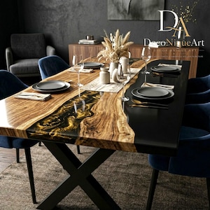 Black Gold Epoxy River Dining Table | Custom Live Edge Wood Handmade Luxury Dining Furniture
