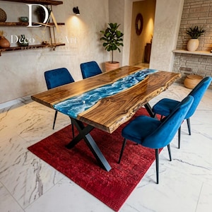 Walnut Live Edge Dining Table, Ocean Resin River Furniture, Coastal Wave Wood Dining