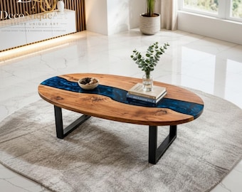 Blue Resin River Coffee Table, Oval Epoxy Wood Center Table, Live Edge Wooden Table