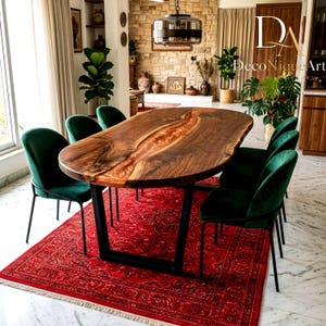 Walnut Live Edge Oval Dining Table, Copper Resin River, Black Metal Legs