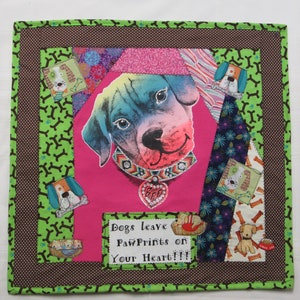 Dogs Leave Pawprints on Your Heart Quilted Wall Art-Mixed Media-Crazy Quilting-Fiber Art-OOAK-Dog Lovers Quilted Wall Art image 4