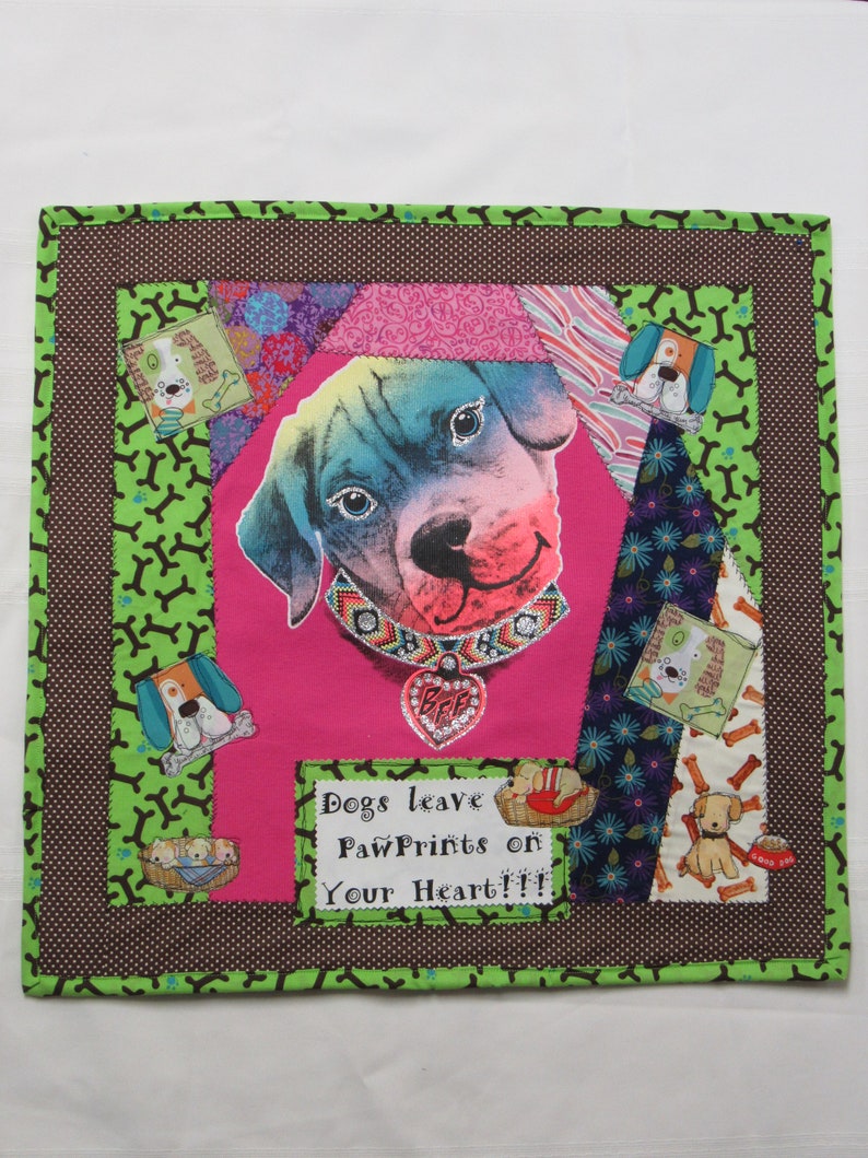 Dogs Leave Pawprints on Your Heart Quilted Wall Art-Mixed Media-Crazy Quilting-Fiber Art-OOAK-Dog Lovers Quilted Wall Art image 4