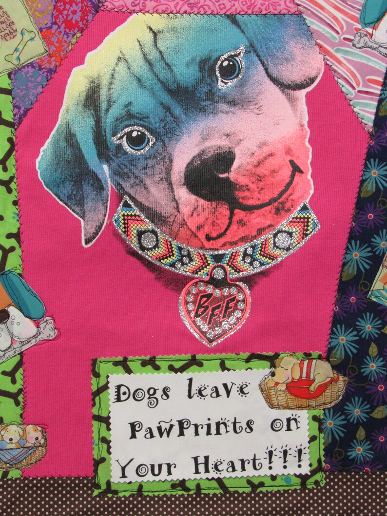 Dogs Leave Pawprints on Your Heart Quilted Wall Art-Mixed Media-Crazy Quilting-Fiber Art-OOAK-Dog Lovers Quilted Wall Art image 8