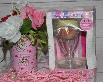 Birthday FLoral Teen or Birthday-Young Girl--Ice Cream Fizzy Bubble Bath and Sundae Jar with Fancy Ice Cream Spoon-Complete Gift