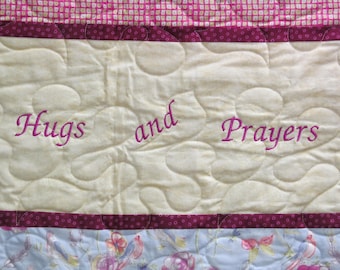Prayer Quilt with Hugs Embroidered and Butterflies-Special Gift for Someone who Needs Hugs and Prayers-Pink-Yellow-Soft Colors
