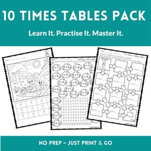 Puede incluir: Un paquete de hojas de trabajo imprimibles para aprender y practicar las tablas del 10. Las hojas de trabajo incluyen problemas de multiplicación, un laberinto y un gráfico. El texto en la parte superior dice "10 TIMES TABLES PACK Learn It. Practise It. Master It."