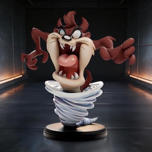 May include: A detailed figurine of the Tasmanian Devil, a cartoon character, in a dynamic pose. The figure is primarily brown with a large open mouth, white teeth, and a pink tongue. It stands atop a swirling tornado base.