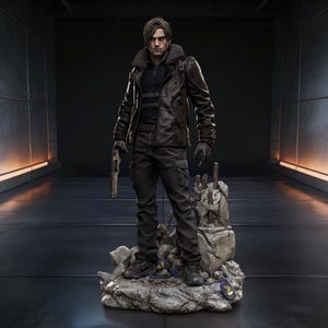 May include: A detailed statue of a man in a black leather jacket with a fur collar, black pants, and gloves, holding a gun. The figure stands on a rocky base with a futuristic, industrial background. The statue is a collectible item.