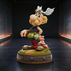 Op de afbeelding: Een gedetailleerd beeldje van Asterix, een stripfiguur, staat op een houten voet. Hij draagt een gevleugelde helm, een zwart topje, een rode broek en een groene riem met een tasje. De voet heeft een paddenstoel en kleine planten.