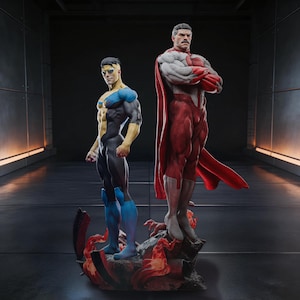 May include: Two superhero figurines. One is in a blue, yellow, and black suit, the other in a red and white suit with a red cape. They stand on a rocky base with red and orange flames.