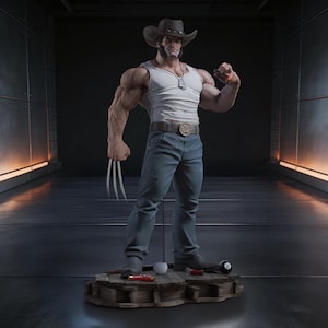 May include: A detailed statue of a muscular figure wearing a cowboy hat, white tank top, and blue jeans. The figure has metal claws extending from one hand and is standing on a wooden base with a pool ball and other items. The statue is in a dark, industrial setting.