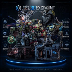 May include: A collection of 3D printable character figurines featuring four green turtles with colored masks, a masked warrior in dark armor, and a rat-like figure in a black robe. The scene includes detailed urban building bases and a neon pizza sign.