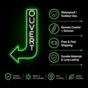 Letrero de neón con flecha de apertura, letrero luminoso LED francés para panadería, bistró, cafetería, boutique, salón de belleza, barbería, elemento de señalización comercial para tiendas.
