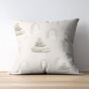 Scandinavian Stone Pattern Pillow Cover, Off White Linen Cushion, Japandi Zen Decor, Nordic Rock Stack Cushions, Modern Organic Pillows