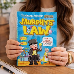 May include: A book titled "Murphy's Law" is held by a person. The cover is blue with yellow text and illustrations of an astronaut, planets, and a cartoon man holding a lightbulb. The book also has text that says "The 28 Most Highly Efficacious Life Wisdom in the World."