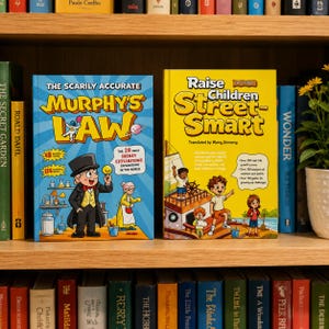 May include: Two hardcover books on a wooden shelf. The left book is blue with the title The Scarily Accurate Murphy's Law and an illustration of a man in a top hat. The right book is yellow with the title Raise Children Street-Smart and a ship scene.