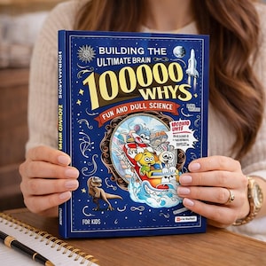 May include: A hardcover book titled "Building the Ultimate Brain 100000 Whys Fun and Dull Science" is held by a person. The cover is navy blue with colorful illustrations and text. The book is designed for kids.