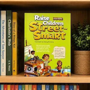 May include: A lime green book titled Raise Children Street-Smart with a cartoon illustration of children on a boat. The cover features text about real-life growth scenes and guides for growing-up challenges, with a ship wheel and water.