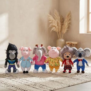 Set de peluches de la película Sing: Johnny, Rosita, Meena, Gunter, Ash, Buster Moon (30 cm)