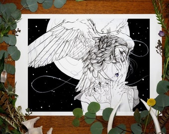 May include: Black and white line art print of a woman with wings, a crown of feathers, and a starry background.