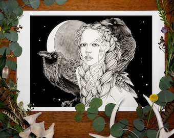 May include: Black and white illustration of a woman with a raven perched on her shoulder. The woman has long hair and is surrounded by stars. The background is black.