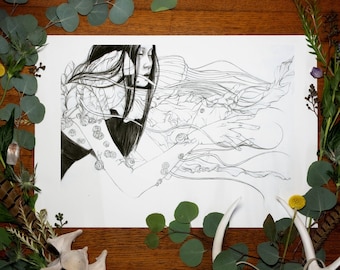 Woman and Jellyfish Familiar Fine Art Giclee Print | Figurative Print | Figurative Art | Jellyfish Art | Sea Art