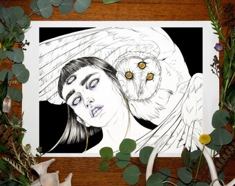 May include: Black and white line art print of a woman with three eyes and an owl with yellow eyes. The woman is looking up and the owl is looking at the viewer. The print is on a white background.