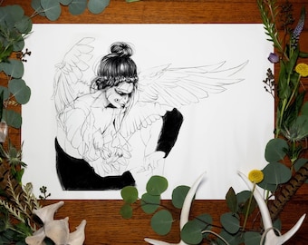 Owl Familiar Fine Art Giclee Print | Charcoal Art Print | Owl Art | Figurative Art