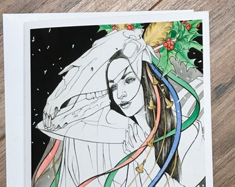 Mari Lwyd Fine Giclée  Art Print Greeting Card| Christmas Print| Yule Print| Winter Solstice| Welsh Folklore| Folklore Greeting Card