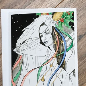 Impressão fino da arte de Mari Lwyd Giclée Cartão Comemorativo | Impressão de Natal | Estampa Yule | Solstício de Inverno | Folclore Galês | Cartão Folclórico