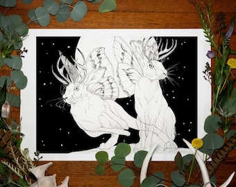 May include: Black and white line art print of two rabbits with antlers and butterfly wings against a starry night sky background.