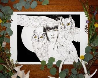 Owl Familiars Giclée Fine Art Print | Folklore Art Print | Dark Art Print | Owl Art Print