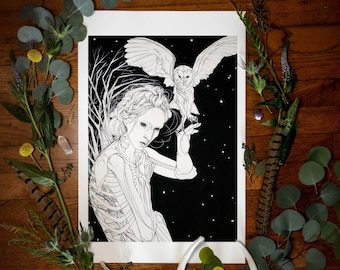May include: Black and white illustration of a woman with a skeletal ribcage, holding a white owl with outstretched wings against a black starry background.