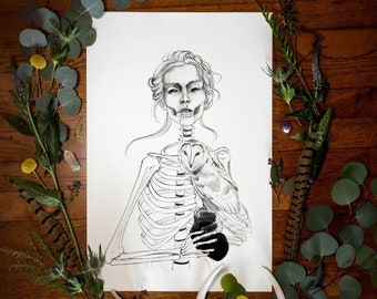 Skeleton and Owl Fine Art Giclee Print | Dark Art | Skeleton Art | Horror Art