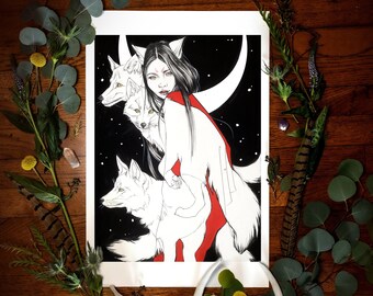 Kitsune Fine Art Giclée Druck | Kitsune Kunst | Japanische Folklore-Kunst | Fuchs Dämon Kunst | Märchenhafte Kunst | Dunkle Kunst